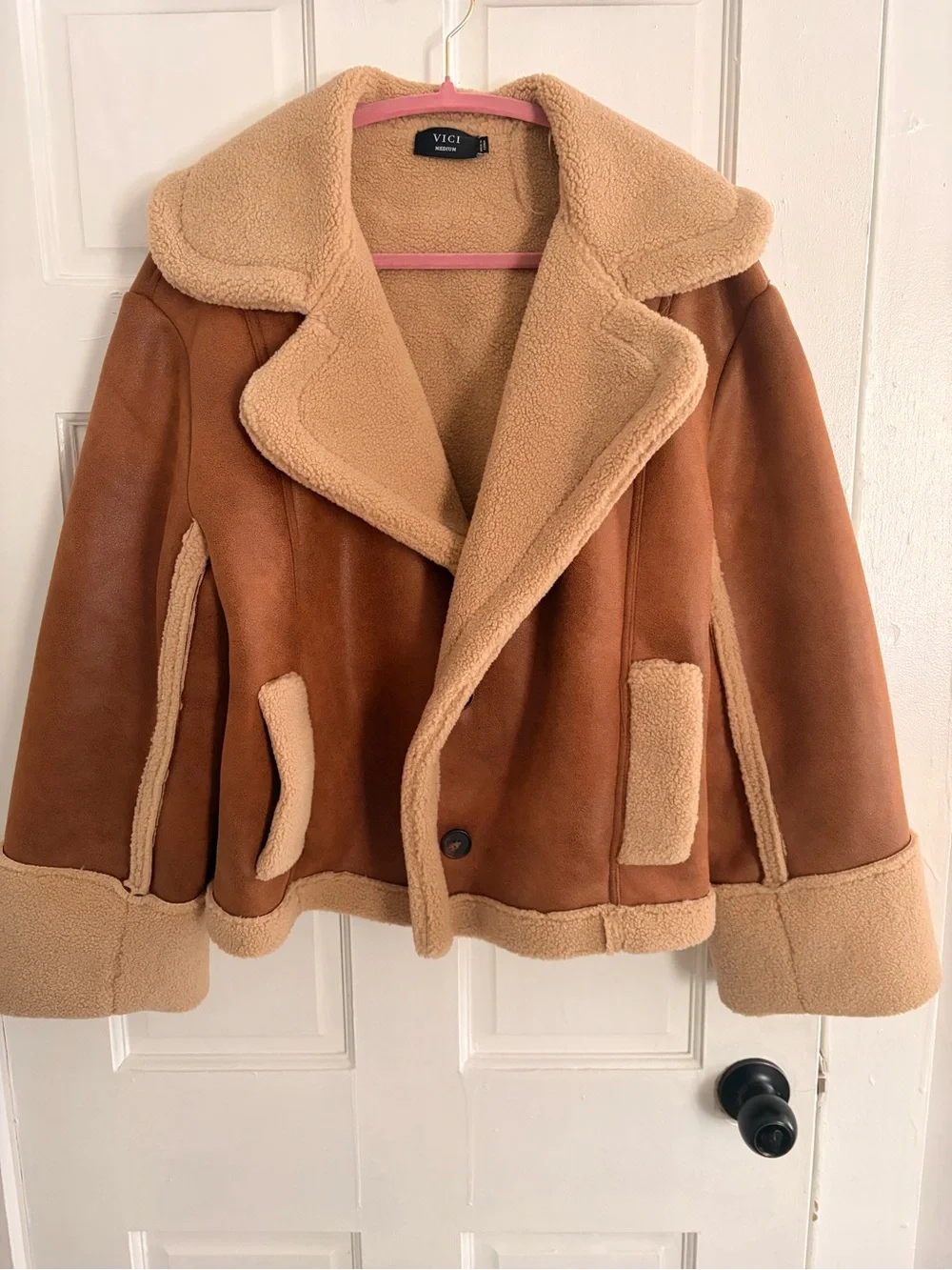 VICI Two-Tone Tan Suede Teddy Shearling Jacket